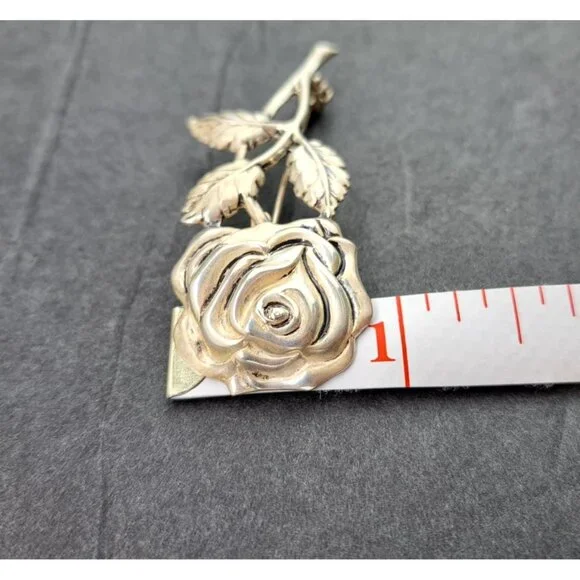 Vintage Sterling Silver Rose Brooch Pin Detailed Floral Design Floral Statement - Picture 8 of 9